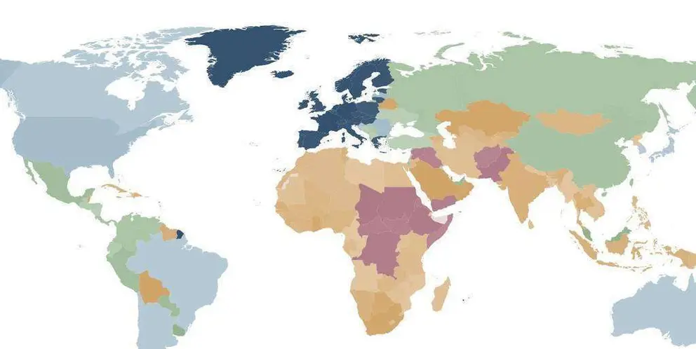 El color del país indica cómo es la calidad de su nacionalidad: El azul es extremadamente alta, el celeste muy alta, verde es alta calidad, naranja mediana calidad y rosa baja calidad. 