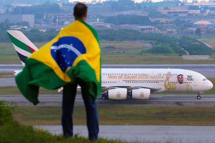 Aterrizaje de uno de los aviones del Año Zayed de Emirates este 6 de mayo en Sao Paulo. (Luis Neves, Emirates)