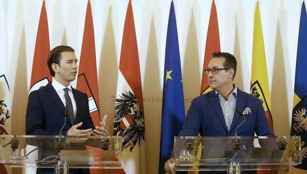 El canciller federal Sebastian Kurz (i) y el vicecanciller Heinz-Christian Strache (d) en la conferencia de prensa sobre “Decisiones en la lucha contra el islam político” (Dragan Tatic / EFE)