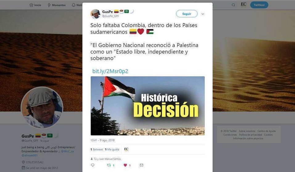 Tuit de Gustavo Pérez Figueroa, colombiano residente en Arabia Saudita, en el que ha pulsado "me gusta" el expresidente Santos.