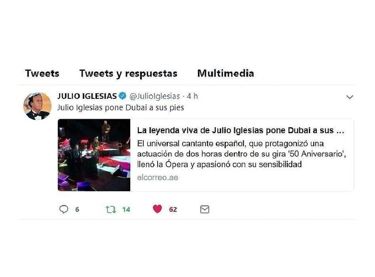 Información de EL CORREO DEL GOLFO sobre el concierto de Julio Iglesias en Dubai, en el perfil oficial de Twitter del universal cantante español.