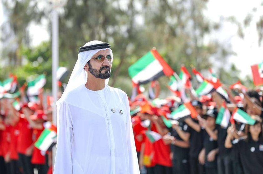 Sheikh Mohammed bin Rashid Al Maktoum durante la celebración del Día de la Bandera en Union House. (WAM)