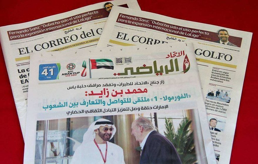 El impreso de Al Itihad de Abu Dhabi ha destacado a toda plana el encuentro de Juan Carlos I con el príncipe heredero de Abu Dhabi. (EL CORREO)