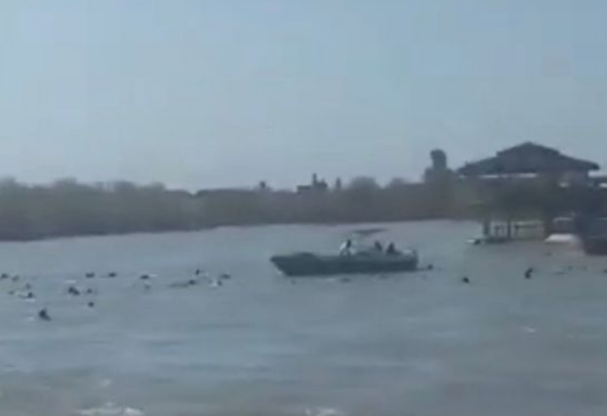 Personas en el agua tras el accidente en el ferry.