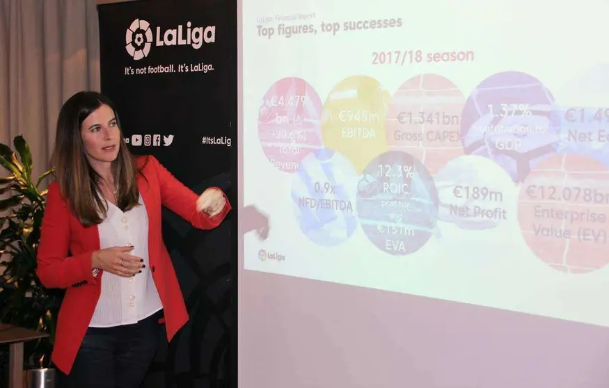 Maite Ventura, durante la presentación del informe económico-financiero de LaLiga en Dubai. (EL CORREO)