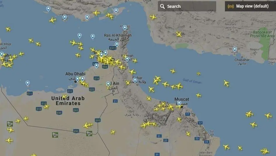 Flightradar24  muestra los vuelos en la región del Golfo el lunes 24 de junio de 2019.