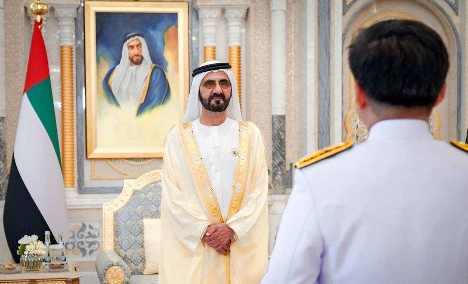 El jeque Mohammed bin Rashid Al Maktoum, durante el reciente acto de entrega de credenciales por parte de embajadores acreditados en Emiratos Árabes. (WAM)