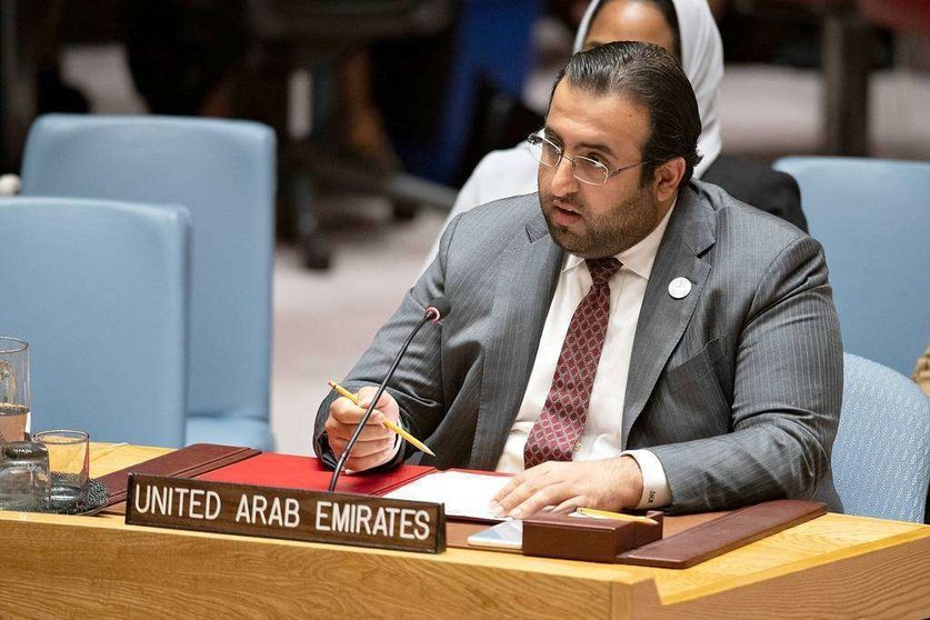 Saud Al Shamsi, representante permanente adjunto de Emiratos Árabes ante las Naciones Unidas, durante su intervención en el Consejo de Seguridad del organismo internacional. (WAM)