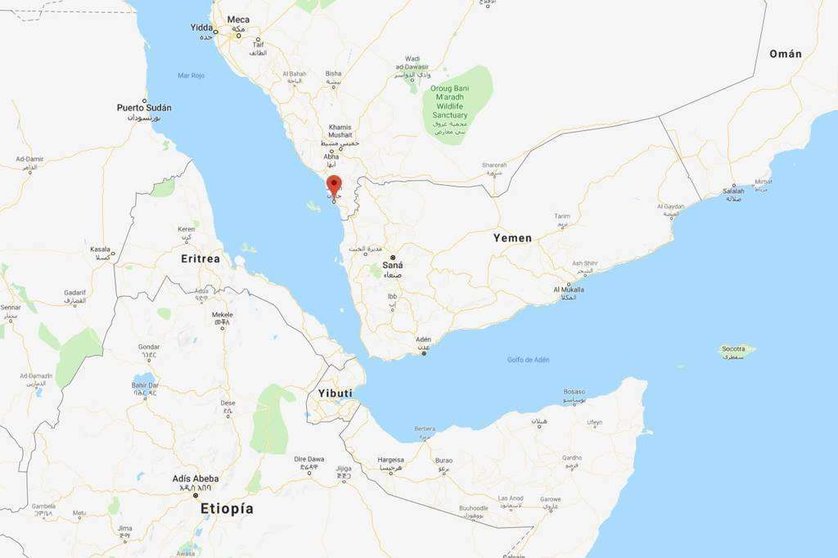 Localización de la ciudad Jazan (Arabia Saudita) en la costa del mar Rojo. (Google Maps)