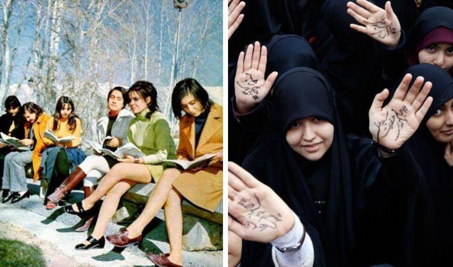 En la imagen de Reuters, estudiantes iraníes en 1971 y mujeres en una manifestación en Teherán en 2018.