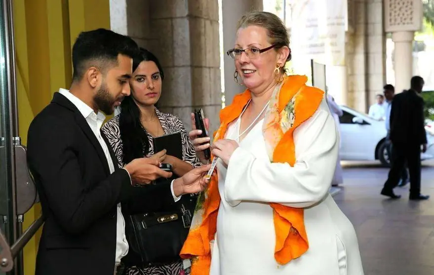 La magistrada colombiana Lucy Bermúdez, a su llegada en Dubai a la Cumbre Mundial de la Tolerancia. (Cedida)