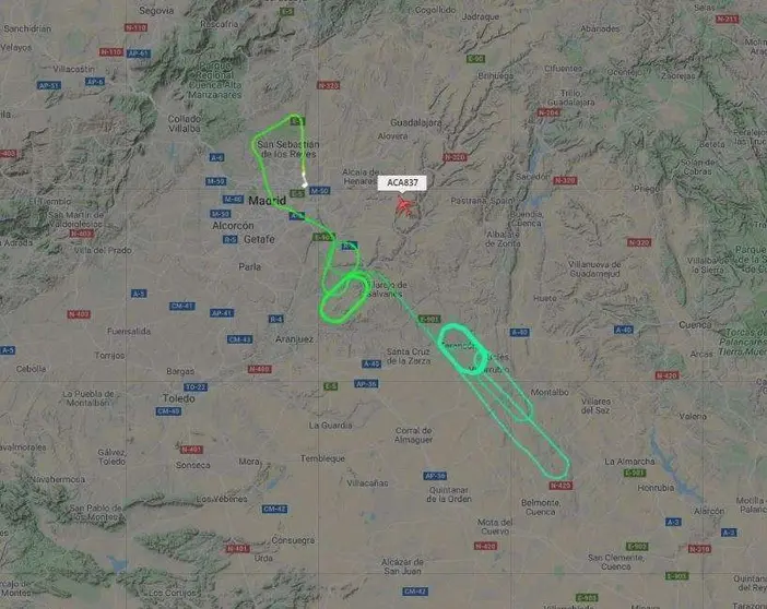 Captura del portal de seguimiento de vuelos Flightradar del vuelo de Air Canadá a las 21.52 horas.