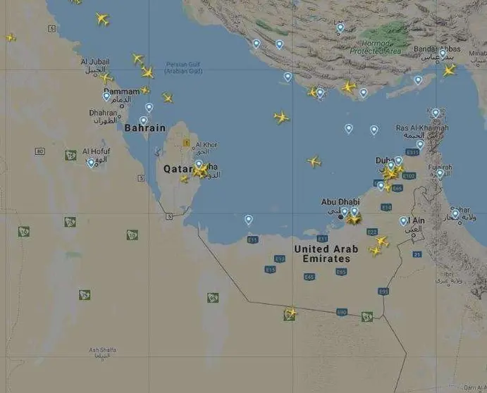 Una captura en Flightradar del espacio aéreo del Golfo Arábigo a las 16.30 horas del 23 de marzo de 2020.