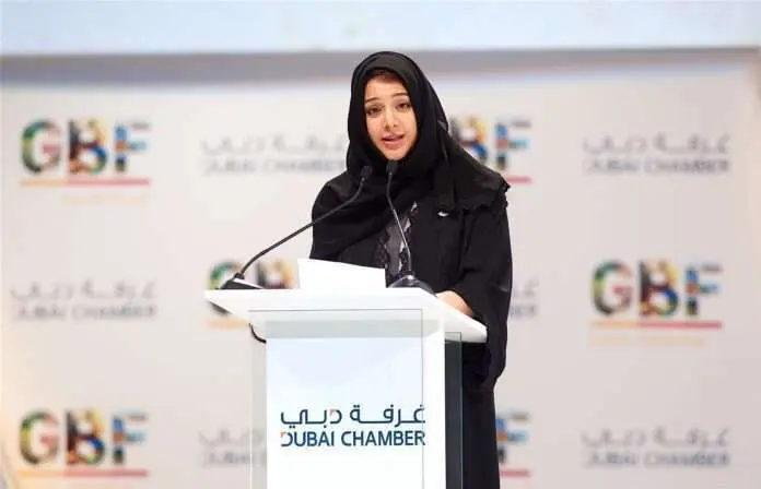 La ministra emiratí Reem Al Hashimy en 2020 durante el Foro Global Latinoamérica de Dubai.