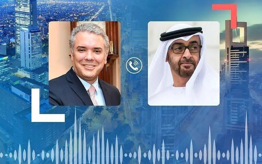 El presidente de Colombia, Iván Duque Márquez -izquierda-, y el jeque Mohamed bin Zayed Al Nahyan, príncipe heredero de Abu Dhabi y comandante supremo adjunto de las Fuerzas Armadas de Emiratos Árabes Unidos. (WAM)