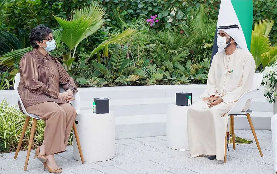 La ministra de Exteriores de España, durante su encuentro en Dubai con el vicepresidente y primer ministro de EAU. / The Spanish Foreign Minister, during her meeting in Dubai with the Vice-President and Primer Minister of the United Arab Emirates. (WAM)