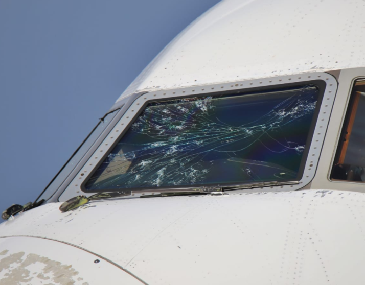 Los daños en el avión de Emirates por la tormenta en Milán. (Twitter)