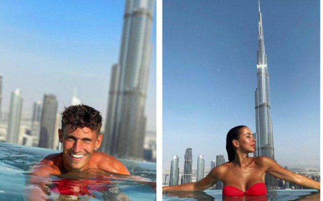 El futbolista del Atlético de Madrid y su novia en la piscina de un hotel en Dubai. (Instagram)