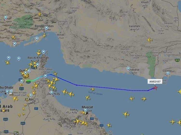 Captura de pantalla del recorrido del avión español a las 12,15 hora de EAU este miércoles en su ruta a Kabul.