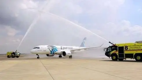 El avión egipcio en el aeropuerto de Tel Aviv este domingo. (Twitter)