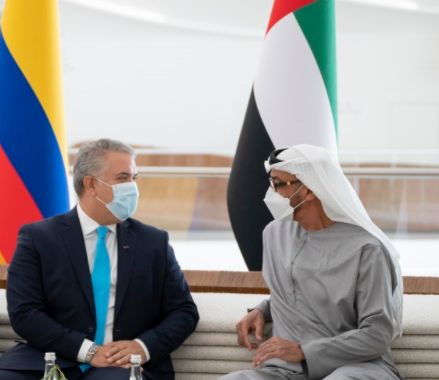 El jeque Mohamed y el presidente Duque en Expo Dubai. (WAM)