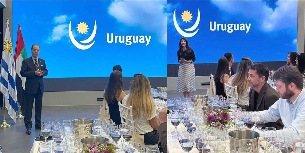 El embajador de Uruguay en Emiratos Árabes, Álvaro Ceriani, y la directora del Pabellón del país en Expo 2020 Dubai, Bárbara ElDbeissy, durante la degustación de vinos. (Cedida)