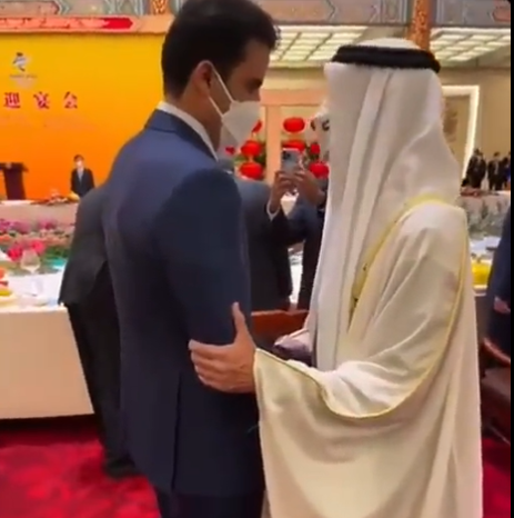 Una captura de pantalla del vídeo difundido del príncipe Abu Dhabi y el emir de Qatar. (Twitter)