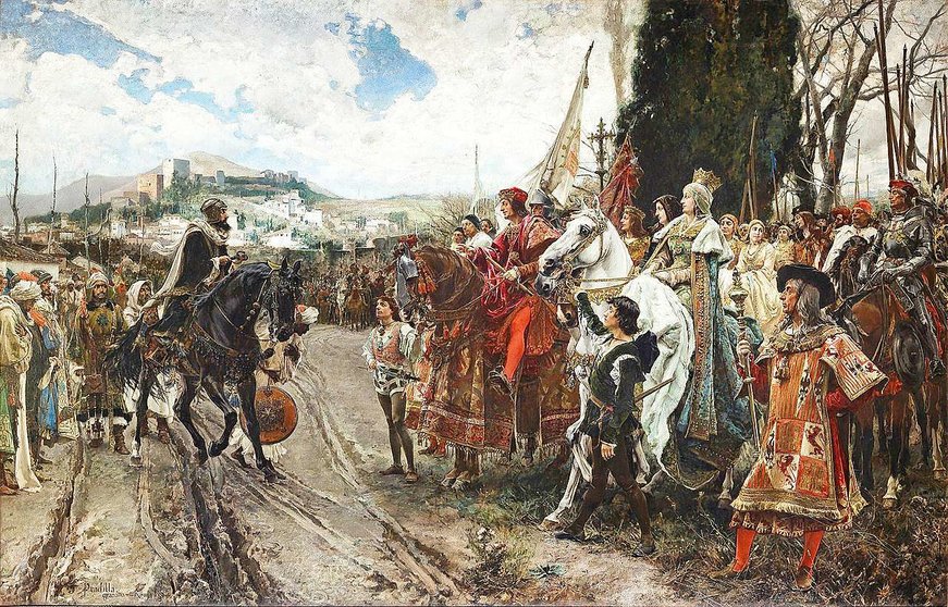 'La rendición de Granada', obra de Francisco Pradilla, representa la entrega de las llaves de la ciudad de Granada por el rey musulmán Boabdil a la reina Isabel I de Castilla y al rey Fernando II de Aragón. (Wikipedia)