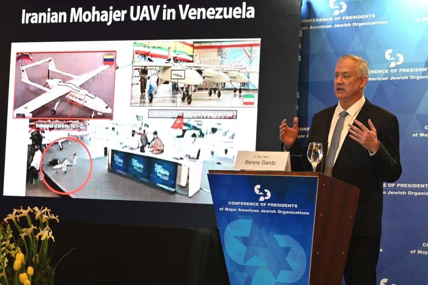 El ministro de Defensa de Israel presenta los drones iraníes en Venezuela. (Twitter)