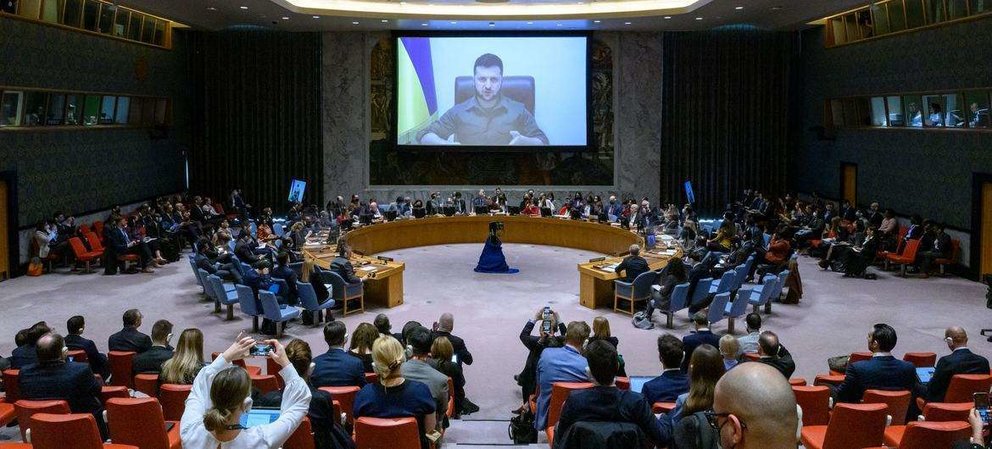 Volodymyr Zelenskyy se dirige a la reunión del Consejo de Seguridad sobre la situación en Ucrania. (Loey Felipe/ ONU)