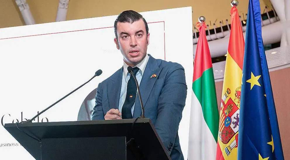 Guillermo Cobelo, presidente del SBC, durante su intervención en el acto del Día de España celebrado en Dubai el 12 de octubre de 2021. (@expospain2020)