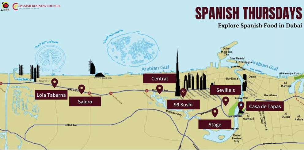 Localización en Dubai de los restaurantes participantes en 'Spanish Thursdays'.