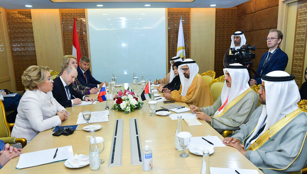 Un momento de la reunión de los representantes emiratíes con los empresarios rusos. (WAM)