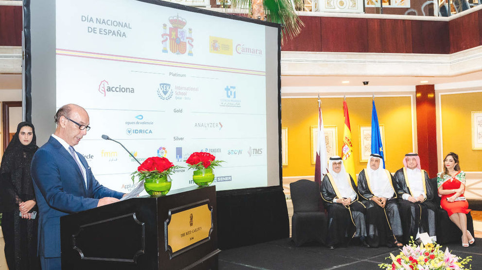 El embajador de España, durante su intervención en la Fiesta Nacional de España 2022 en Qatar. (Cedida)