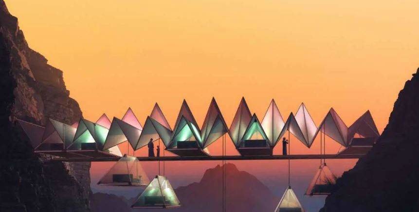 La firma de arquitectura distribuyó imágenes del camping entre las montañas emiratíes.