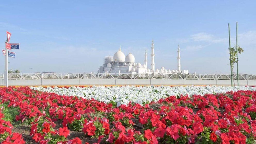 Una imagen de la Gran Mezquita de Abu Dhabi y las flores. (Twitter)