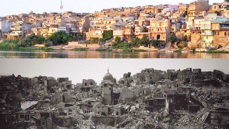 En la imagen superior, la ciudad antigua de Mosul antes de la conquista por el ISIS. Abajo, tras la expulsión del grupo terrorista.