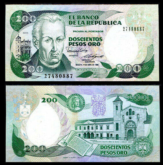 Billete colombiano de 200 pesos con el retrato de Celestino Mutis en el anverso y La Bordadita en el reverso.