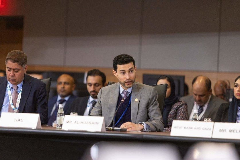 Mohamed Hadi Al Hussaini, ministro de Estado de Asuntos Financieros de EAU durante su intervención. (WAM)