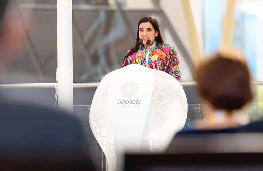 La ministra de Turismo de Guatemala, Anayansy Rodríguez, durante su intervención en la ceremonia por el Día de Honor de su país en Expo 2020 Dubai. (Expo 2020 Dubai)