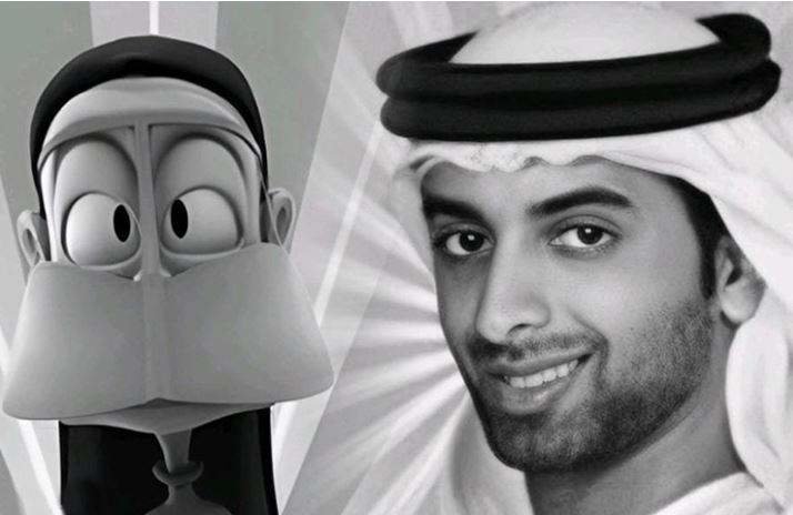 Majid Al Falasi junto con el personaje de 'Freej' 'Um Saeed'. (Fuente externa)