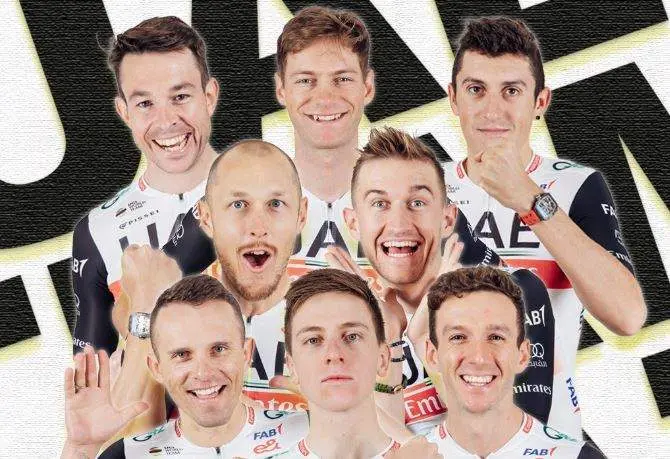 Los ocho ciclistas del UAE Team Emirates en el Tour de Francia. (Twitter)