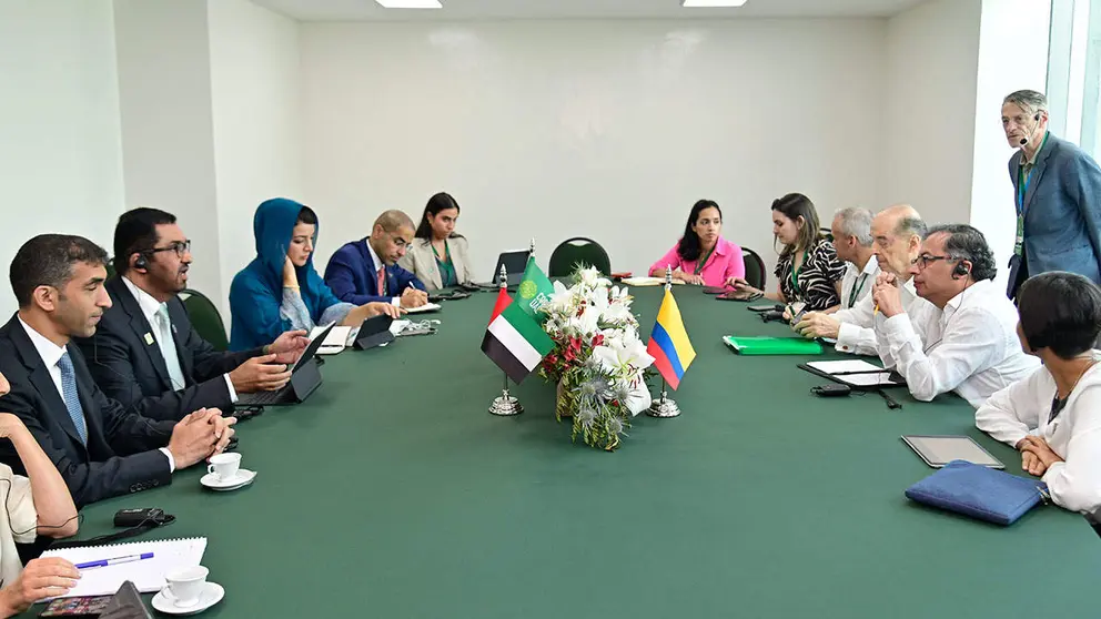 Un momento de la reunión entre el presidente Petro, y el monistro y presidente de la COP28 Al Jaber. (Gobierno de Colombia)