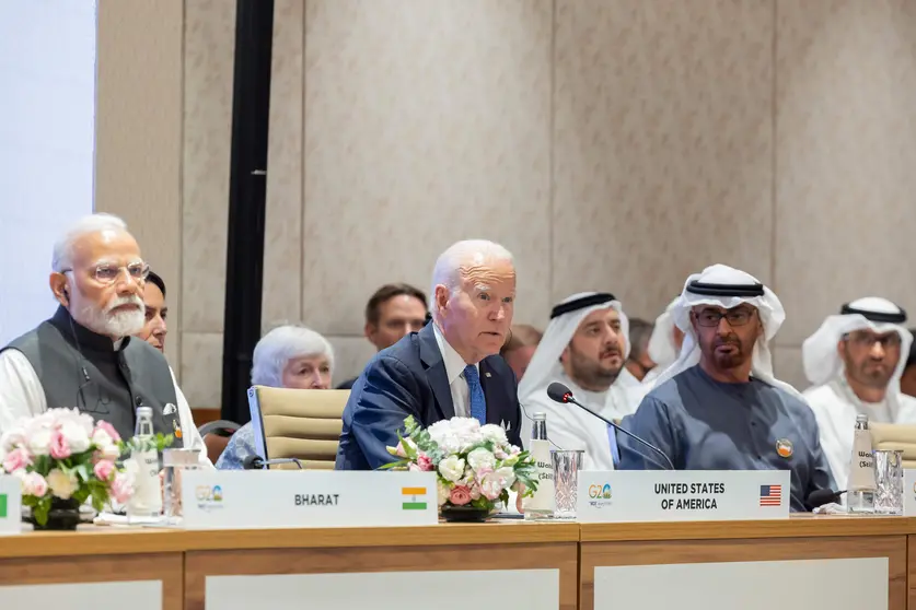 Los presidentes de la India, Estados  Unidos y EAU durante la cumbre del G20. (WAM)