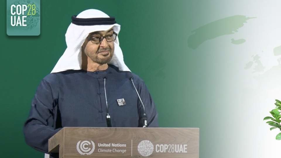 El presidente de Emiratos durante su intervención en la Cop28. (Twitter)
