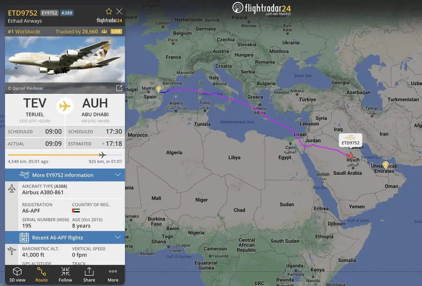 El seguimiento del vuelo de Etihad desde España a Abu Dhabi. (Flightradar24)