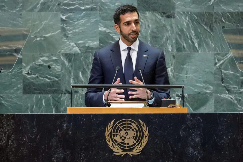El ministro de Estado de EAU, el jeque Shakhboot bin Nahyan Al Nahyan en la ONU. (WAM)