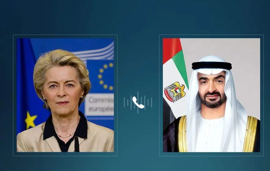 La presidenta europea y el presidente emiratí. (WAM)