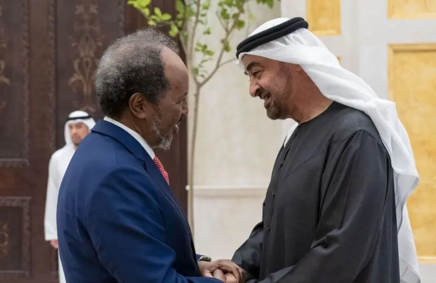 El presidente de EAU saluda a su homólogo de Somalia durante una reunión este mes de marzo. (WAM)