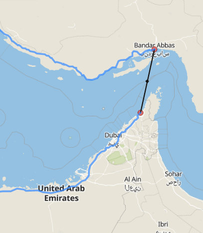 Distancia de Ras-Al-Dahrah, situado en el norte del emirato de Ras Al Khaimah, y el puerto iraní de Bandar Abbas.